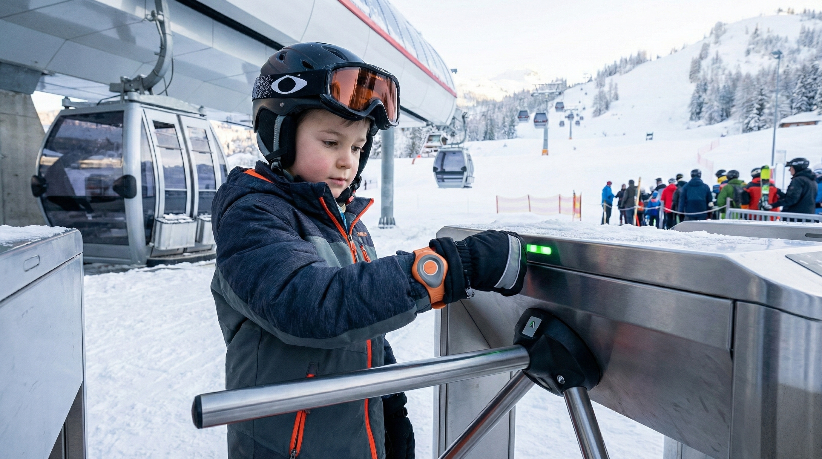 A child skiing alone on an open alpine slope, the scale of the mountain dwarfing them.