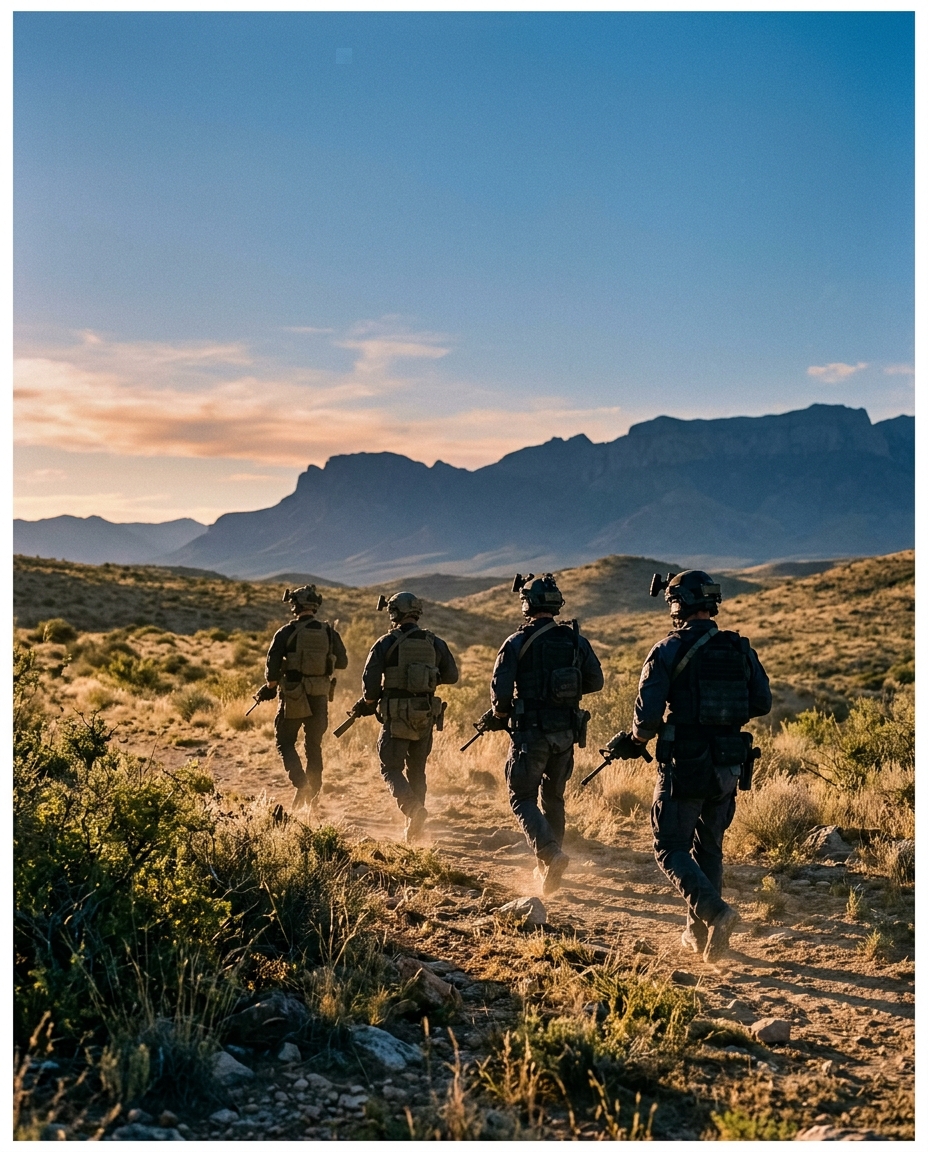 A small special operations team advancing across an arid plateau at dawn.