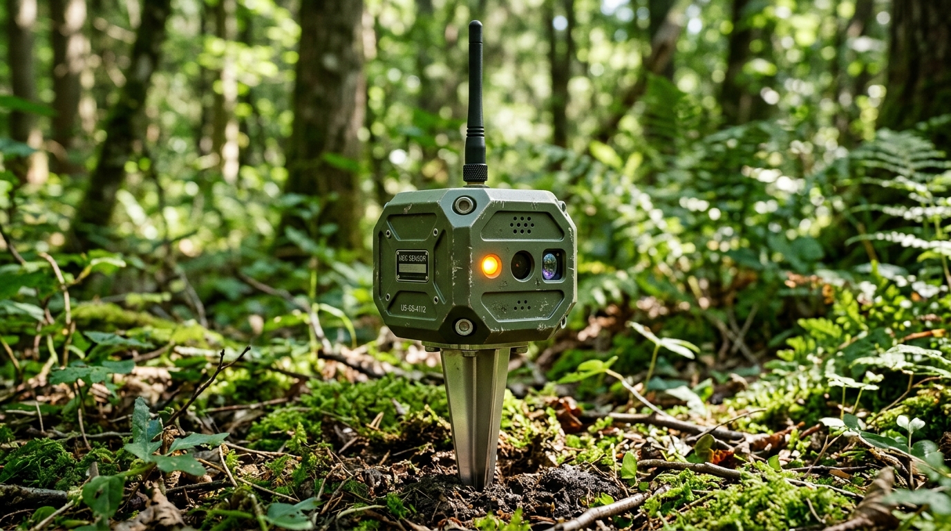 A ruggedized Project Luna ground sensor with antenna, staked into forest terrain.